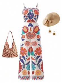 Teen Girl Casual Tropical Vacation-Style Floral Jumpsuit, Suitable For Beach Travel