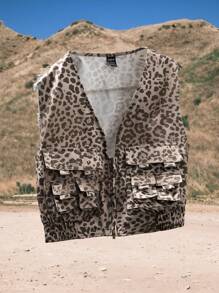 SHEIN EZwear 2025summer And Spring  Music Festival Washed Leopard Print Short Cargo Vest Jacket - Brown - View 2