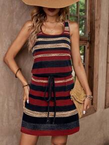 SHEIN LUNE Đầm suông không tay họa tiết sọc nhiều màu cổ chữ U thắt eo cho nữ ngày lễ - Đỏ - Xem 3