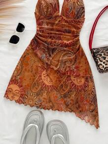 Soleia Váy ngắn lưới nhún bèo cổ chữ V họa tiết Paisley cho kỳ nghỉ của phụ nữ, Váy ngày lễ lãng mạn cho buổi hẹn hò, lễ hội âm nhạc, trà chiều, bãi biển, trang phục mùa hè, trang phục Ibiza - Nhiều màu - Xem 4