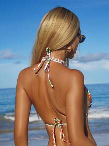 SHEIN Swim Women's Summer Beach Music Festival Star Pendant Halter Sweet And Cute Pattern Printed Bikini Top - Multicolor - View 3