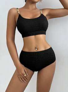 SHEIN Swim Ruched Fabric Shell Strap High Waist Bikini, Great For Beach & Holiday For Summer Beach Vacation - Black - View 7