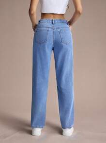 SHEIN EZwear 女式字母贴布直筒休闲日常牛仔裤 - 藍色 - 查看 2