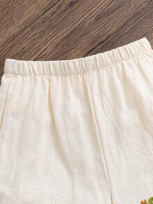 SHEIN Baby Girl Fit Casual Simple Comfort Round Neck Flower Pattern Embroidered Shirt Shorts Two Pieces Set - Apricot - View 8