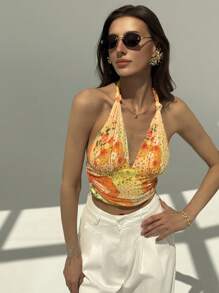 Aloruh New Paisley Print Sexy Deep V Halter Backless Sleeveless Cropped Tank Top, Figure-Flattering - Yellow - View 4