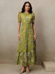 Anewsta Women's Elegant Floral Lace Patchwork Beaded Decor Round Neck Short Sleeve Dress - Green - View 6