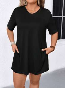 SHEIN LUNE 2pcs/Set Plus Size Women V-Neck Short Sleeve T-Shirt & Shorts, Casual - Black - View 3