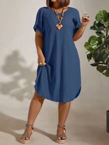 EMERY ROSE Plus Size Solid Color Short Sleeve Dress, Fashionable For Summer - Blue - View 5