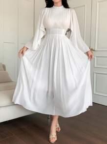DAZY Solid Color Stand Collar Pleated Ruffle Sleeve Mid-Calf Dress For Women Business Attire - White - View 1
