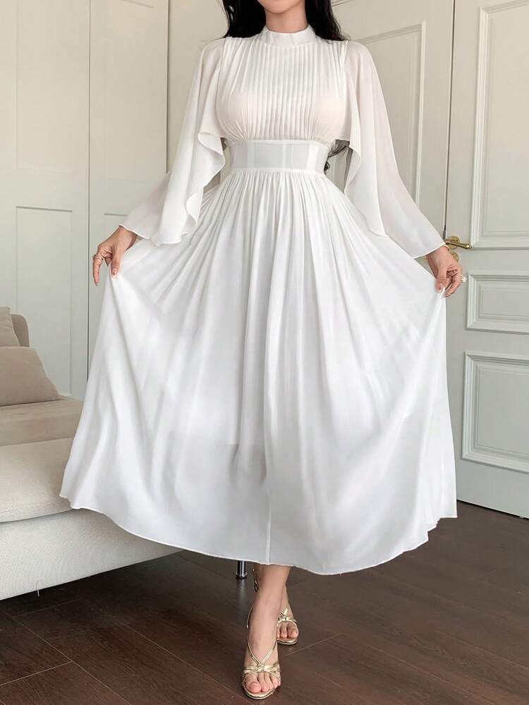 Solid Color Stand Collar Pleated Ruffle Sleeve Mid-Calf Dress For Women Business Attire