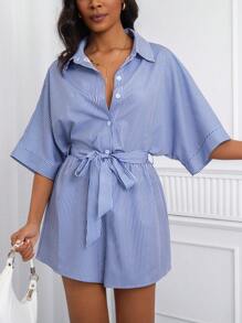 SHEIN Unity 1 bộ đồ liền thân tay cánh dơi sọc thời trang dành cho nữ, phù hợp cho mùa hè - Nhiều màu - Xem 6