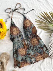 Soleia Women's Casual Halter Tie Back Sleeveless Tank Top, Paisley Print, Suitable For Vacation, Music Festival, Summer - Blue - View 1