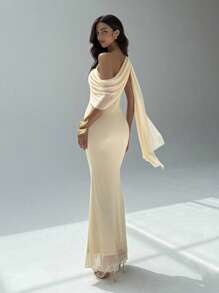 Aloruh Women's Birthday Party Dress Cocktail Dance Concert Music Festival Dinner Greek Goddess Dress Holiday Apricot Dress Mesh Knit Bodycon Dress Solid Color Asymmetrical Collar Splice Chiffon Dress, Elegant Style