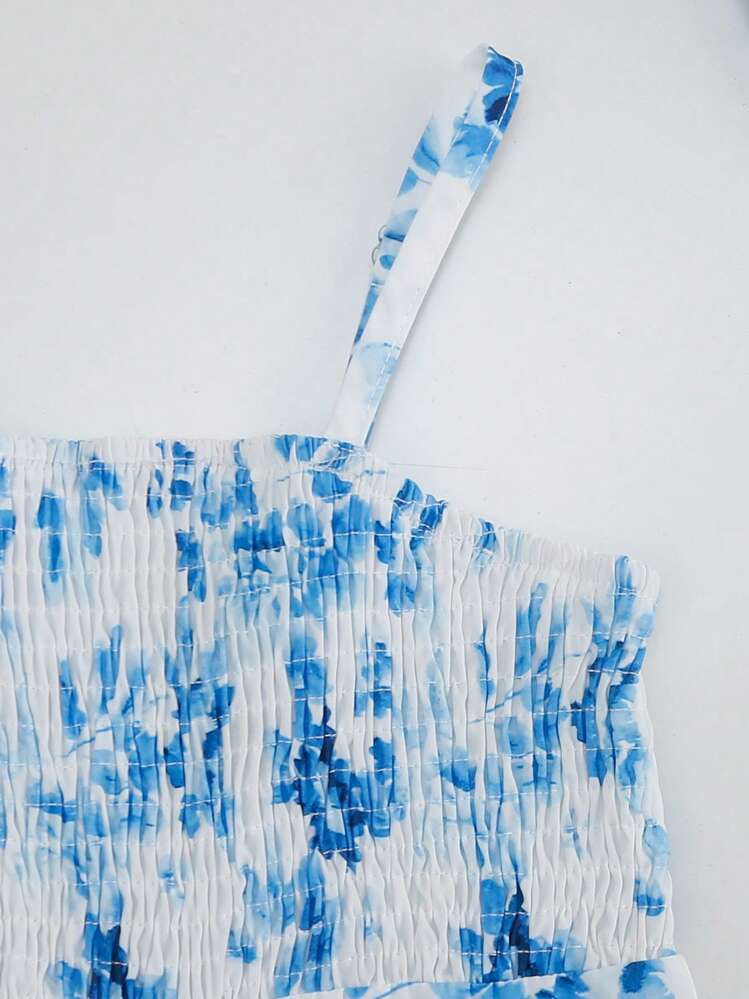 Girl's Blue & White Color Block Casual Vacation Spaghetti Strap Top With Wide Leg Jumpsuit, Spring/Summer - Blue and White - View 6