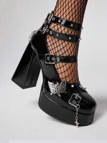 ROMWE Goth Giày cao gót thời trang nữ Mary Jane da bóng màu đen phong cách Punk - màu đen - Xem 5