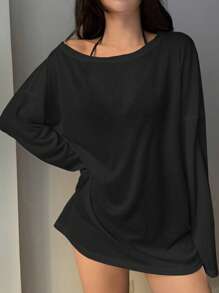 DAZY Women's Casual Loose Solid Color Asymmetrical Shoulder Pullover Top Vacation Beach - Black - View 2