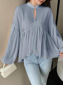 DAZY Women's Solid Color Standing Collar Long Sleeve Pleated Casual Vacation Blouse, Spring/Summer