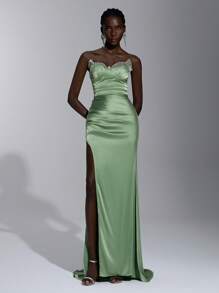 Elitara 优雅华丽的浅绿色手工渐变水钻和钻石链装饰钢圈胸罩性感高开叉百褶鱼尾适合约会派对单身派对度假正式场合晚礼服、长袍、晚会、婚礼宾客 - 綠色 - 查看 4