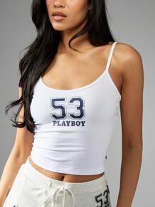 Missguided x Playboy Top tipo camiseta de tirantes con gráfico de número de estilo deportivo, de moda informal, de corte ajustado, tipo top corto con tirantes finos, para uso casual, entrenamiento, club, festivales