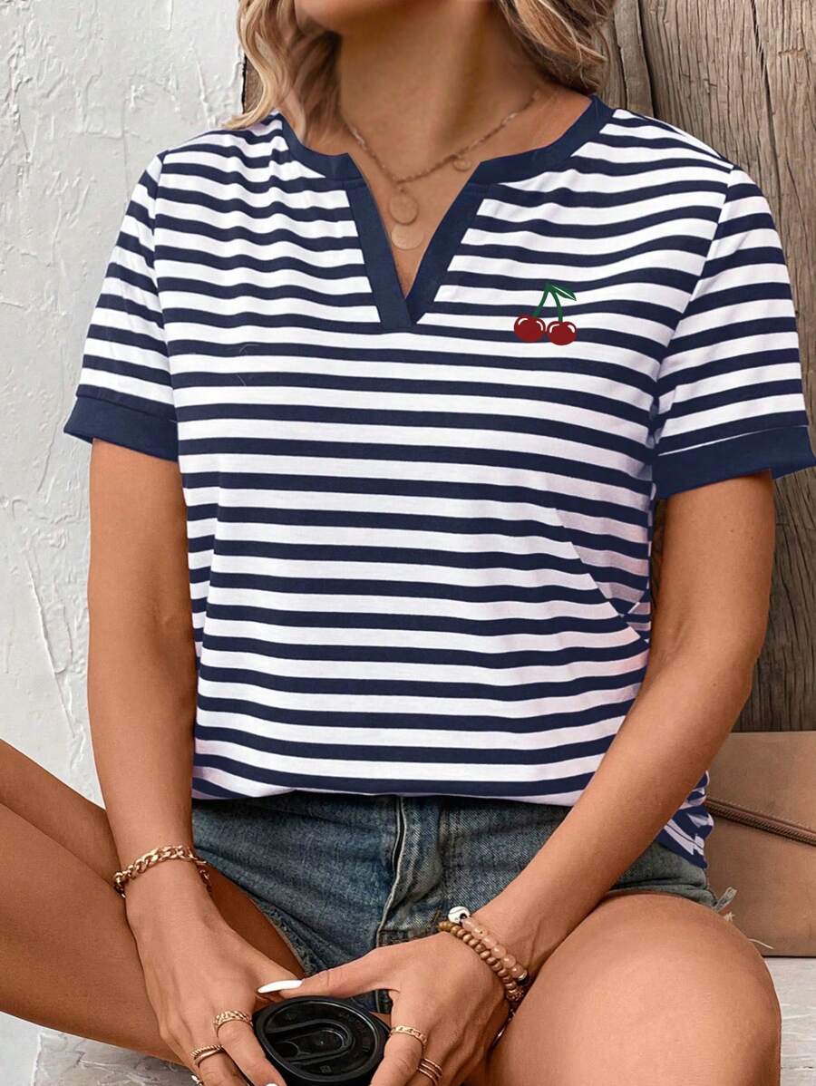 SHEIN VCAY Plus Size Women Fashion Casual Striped V-Neck Short Sleeve T-Shirt - Navy Blue - View 1