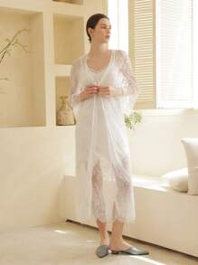 2 件女士优雅缎面蕾丝睡袍套装，迷人女士睡衣套装 - 白色 - 查看 5