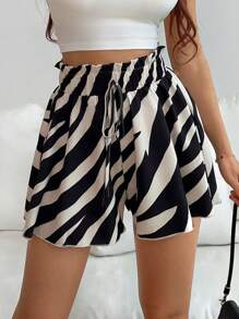SHEIN PETITE Women's Summer Casual Zebra Print Tie-Waist Loose Shorts - Multicolor - View 3