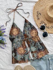 Soleia Women's Casual Halter Tie Back Sleeveless Tank Top, Paisley Print, Suitable For Vacation, Music Festival, Summer - Blue - View 5