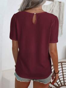 EMERY ROSE Women's Simple Solid Color Puff Sleeve Casual Shirt, Summer - Burgundy - View 2
