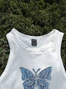 Tseoso 休闲简约复古蓝色蝴蝶和手写字母印花修身女式背心，含34%棉，适合夏季 - 白色 - 查看 5