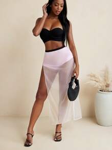 Ameri Pink Solid Color Organza High Slit Sexy Long Skirt Summer Beach Wear - Pink - View 1