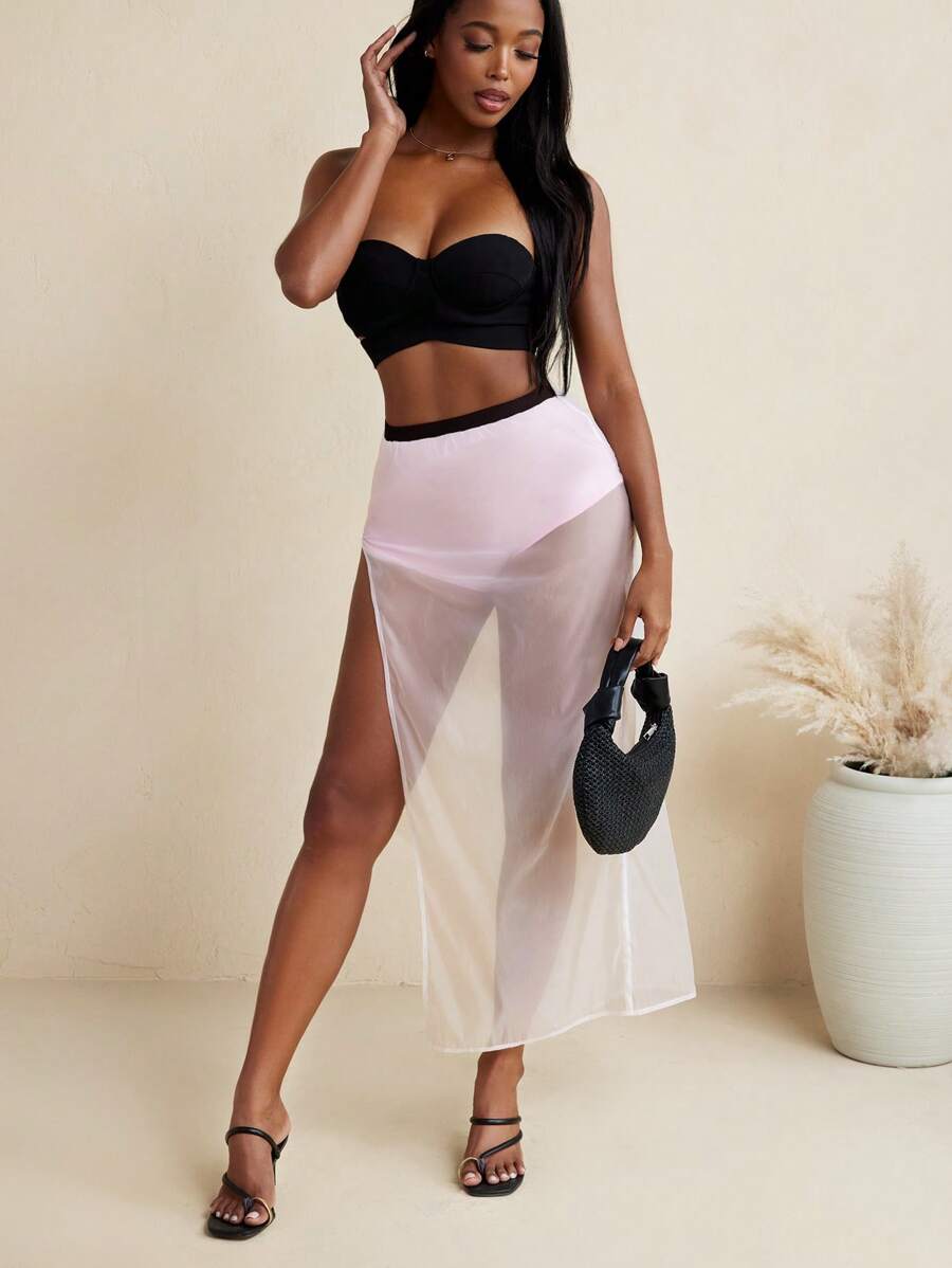 Ameri Pink Solid Color Organza High Slit Sexy Long Skirt Summer Beach Wear - Pink - View 1