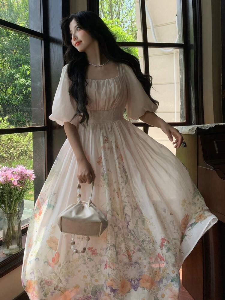 Women's Floral Print Waist Flared Dress, Vacation Princess Style, Spring/Summer