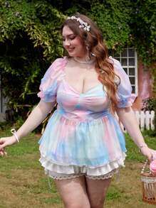 Lyrianda Blusa romántica de talla grande con cuello cuadrado y cintura ceñida de corte fluido - Multicolor - Ver 7