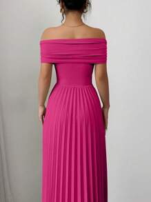 Elenzga 女士露肩褶腰连衣裙 - 玫紅色 - 查看 2