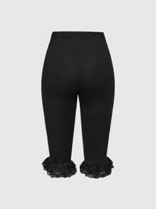 ROMWE Kawaii Spring/Summer Women's Basic Y2K Millennium Style Lace Patchwork Tie Up Capri Pants - Black - View 2