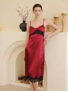 Moireta Elegant Lace Patchwork & Twist Satin Nightgown Babydoll For Women Luxeloungewear - Burgundy - View 1