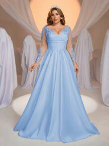 Aureia Plus Size Elegant Luxurious Sheer Long Sleeve Dress, Featuring Crystal Pearl Embroidery, Lace, Mesh And Satin Panels, Large Flare Hem, Ideal For Wedding, Engagement Party, Honeymoon, Bride