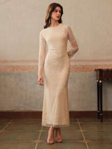 Anewsta Women's Fashion New Sequin Beaded Mesh Panel Long Sleeve Party Dress - Apricot - View 5