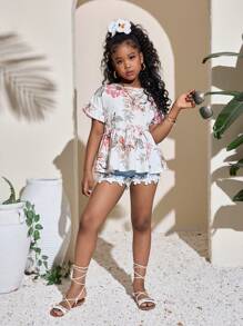 SHEIN Blusa con volantes y manga abullonada con estampado tropical para niña preadolescente