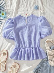 Blusa de línea A con manga corta a cuadros dulce y linda, ropa casual de vacaciones, vestimenta de verano para niña con lazo
