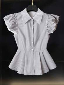 SHEIN Clasi Women's Summer Striped Short Cap Sleeve Cardigan - Grey - View 3