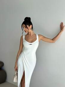 Firerie Women Square Neckline Cup Shape Ruched Waist Slit White Dress, Elegant For Vacation, Daily Wear Or Wedding Season - White - View 8