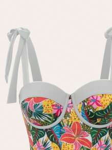 Swim Lushoire Women's Tropical Plant Print One-Piece Swimsuit With Shoulder Knot, With Cover Up Skirt - Multicolor - View 5