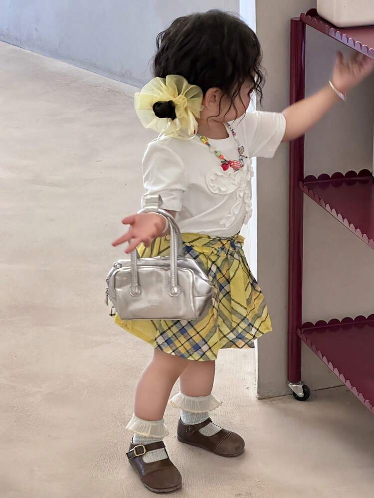 Baby Girl Round Neck Casual Bow Decor Loose Short Sleeve Top, Back Top School Toddler Girls Clothes