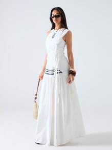 LYSMO Women's Striped Elastic Waist Pleated Skirt, Casual - White - View 3