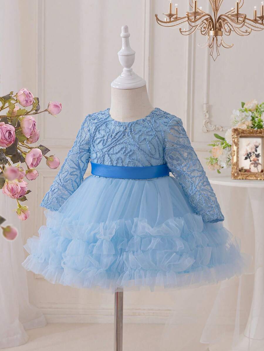 Glamorique Kids Váy voan tay bồng thêu lưới cho bé gái, màu sâm panh, trang phục bé gái rải hoa dự tiệc sinh nhật một tuổi, trang phục rửa tội cho bé gái - Màu xanh lam - Xem 1