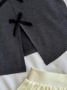 SHEIN Teen Girls Deep Grey Vacation Knit Casual Slim Fit Short Sleeve Top With Bow Decor On Front, Front And Hem Slits, Suitable For Party, Afternoon Tea, Autumn/Winter Layering - Grey - View 5