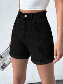 EURMUSE Slant Pocket Fold Up Front Opening Denim Shorts - Black - View 2