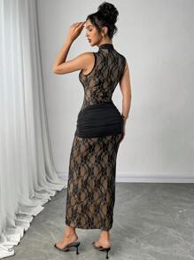 Firerie Nuovo abito cheongsam con inserti in pizzo, colletto a goccia con dettagli in metallo, elegante e sexy abito nero con spacco alto per le donne