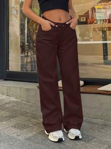 EURMUSE 100% Cotton LOW RISE WIDELEG CUT WHITE JEAN - Brown - View 4